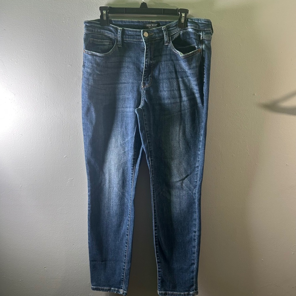 Judy Blue High Rise Skinny Jeans Medium Wash Distressed Cuffed Women 13 31‎